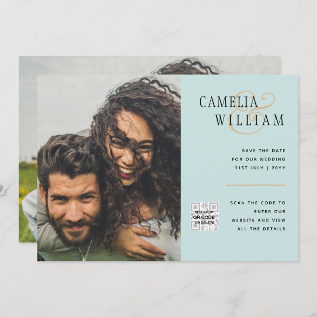Sea Glass Photo Wedding Invite QR Code Save Date (Front/Back)