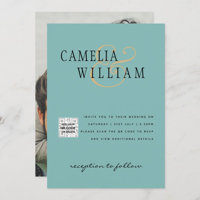Sea Glass Photo Wedding Invite QR Code Save Date (Front/Back)