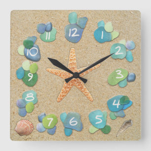 Sea Glass Sand Starfish Shells Square Wall Clock