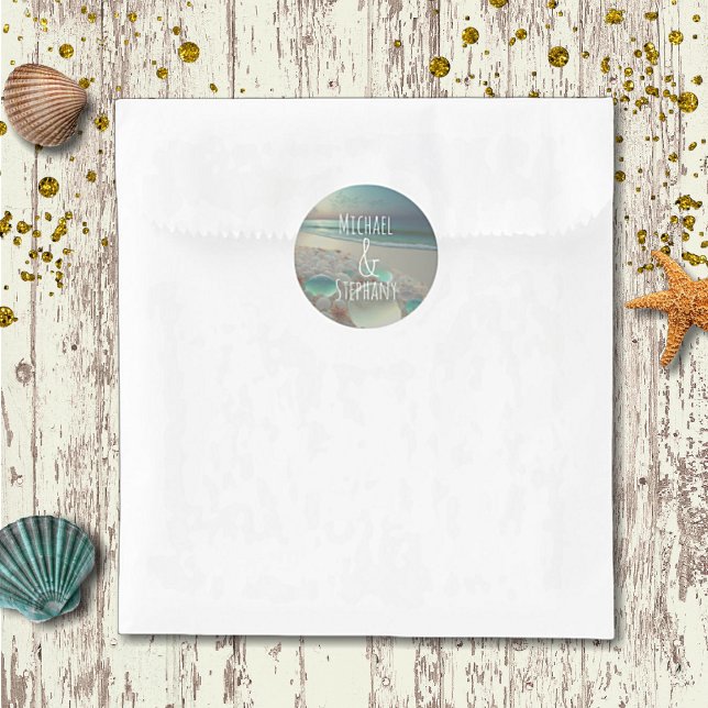 Sea Glass Seahorse Beach Wedding  Classic Round Sticker (Creator Uploaded)
