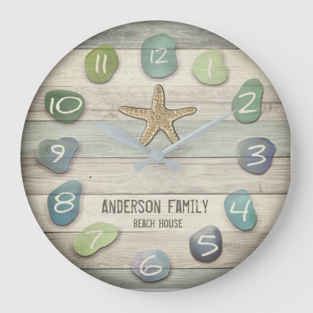 Sea Glass Starfish Driftwood Ocean Large Clock (Front)