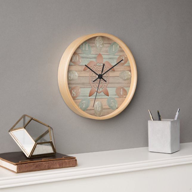 Sea Glass, Turtle on Rustic Nautical Beach Wood Clock (Office)
