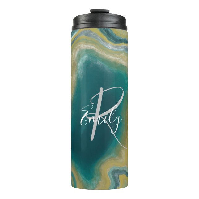 Sea Green Agate Marble Abstract Name Monogram Thermal Tumbler (Front)