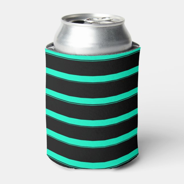 Sea Green and Black Stripes Pattern Can Cooler (Can Front)