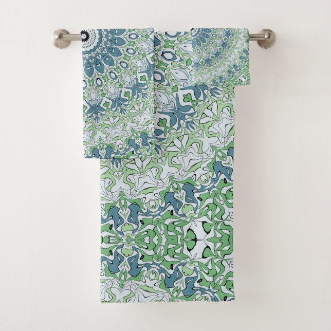 Sea Green and Blue Coastal Mandala Pattern Bath Towel Set (Insitu)