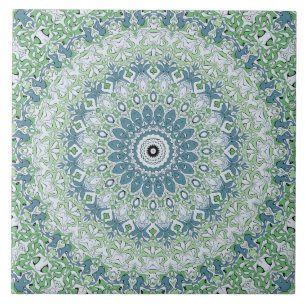 Sea Green and Blue Coastal Mandala Pattern Ceramic Tile