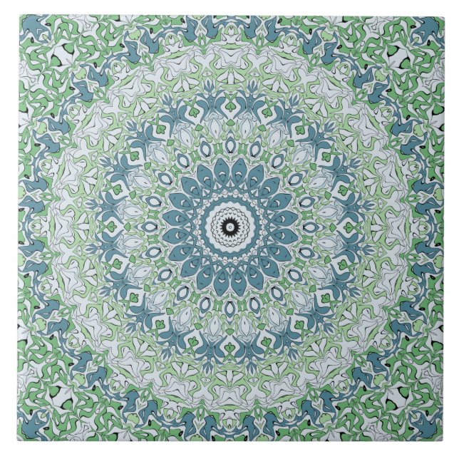 Sea Green and Blue Coastal Mandala Pattern Ceramic Tile (Front)