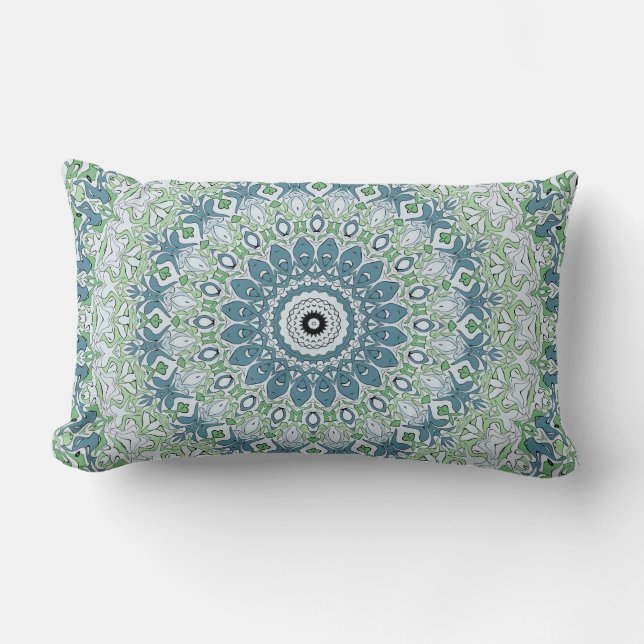 Sea Green and Blue Coastal Mandala Pattern Lumbar Cushion (Front)