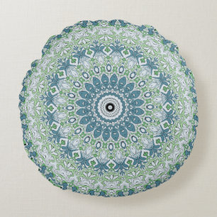 Sea Green and Blue Coastal Mandala Pattern Round Cushion