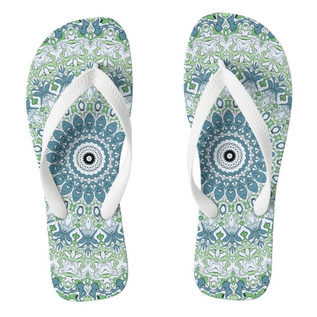 Sea Green and Blue Coastal Mandala Pattern Thongs (Footbed)