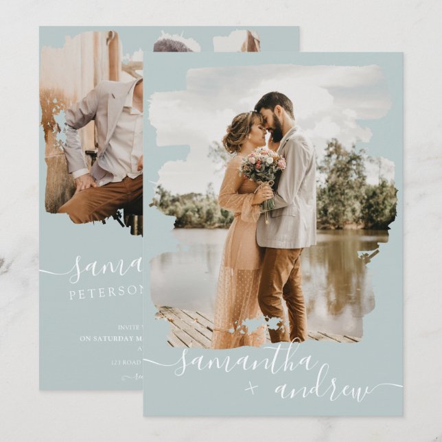 Sea green brushstroke script 2 photos wedding invitation (Front/Back)