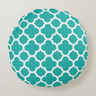 Sea Green Colour Quatrefoil Pattern Round Cushion