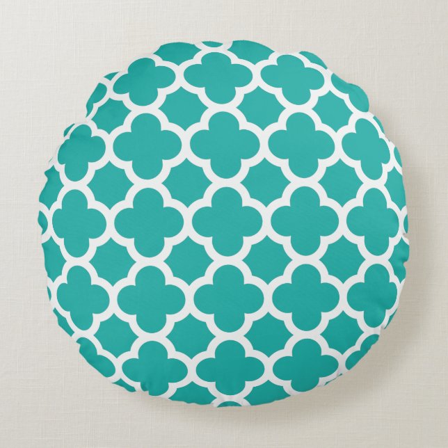 Sea Green Colour Quatrefoil Pattern Round Cushion (Front)