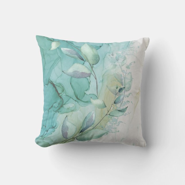 Sea Green Foliage and Teal Ink Mystique Throw Pill Cushion (Front)