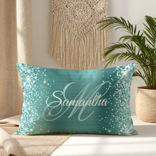 Sea Green Glitter Aqua Teal Foil Fancy Monogram Lumbar Cushion
