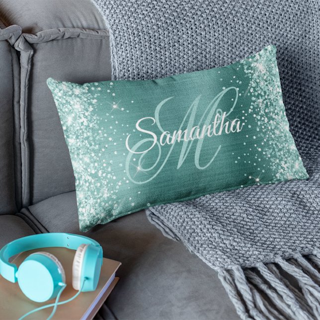 Sea Green Glitter Aqua Teal Foil Fancy Monogram Lumbar Cushion (Creator Uploaded)