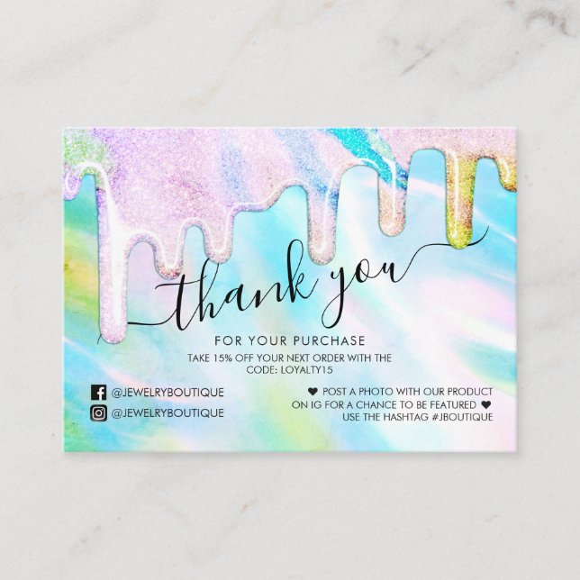 Sea Green Holographic Glitter Customer Thank You Business Card (Front)