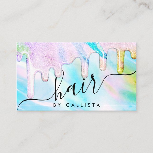 Sea Green Holographic Thick Glitter Drips Hair Business Card (Front)