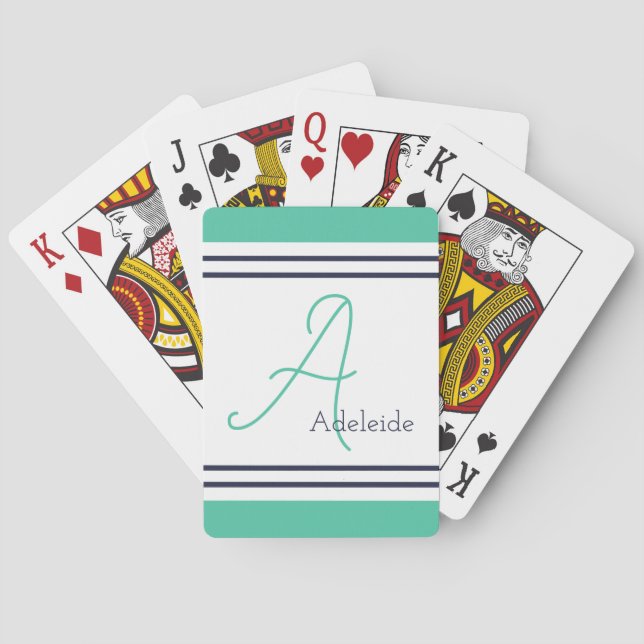 Sea Green & Nave Blue Stripes Personalised Playing Cards (Back)