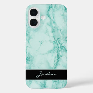 Sea Green Polished Marble Stone with Name iPhone 16 Case