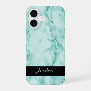 Sea Green Polished Marble Stone with Name iPhone 16 Case