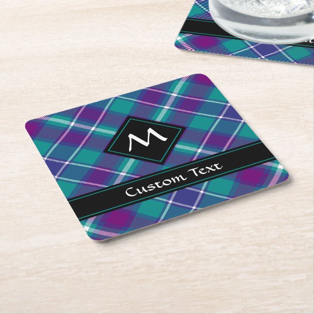 Sea Green, Purple and Blue Tartan Square Paper Coaster (Angled)
