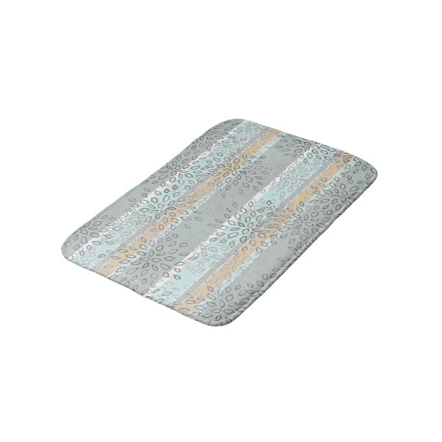 Sea Green Tan Stripes Grey White Leaves Pattern Bath Mat (Angled)
