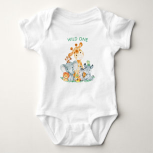 Sea Green Watercolor Cute Safari Jungle Animals Baby Bodysuit