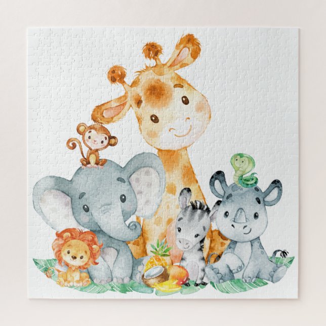 Sea Green Watercolor Cute Safari Jungle Animals Jigsaw Puzzle (Vertical)