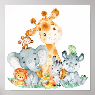 Sea Green Watercolor Cute Safari Jungle Animals Poster