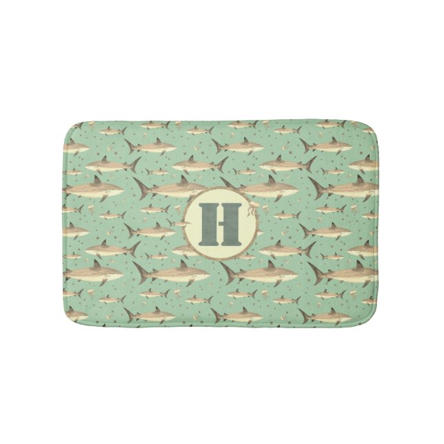Sea Green Watercolor Monogram Shark Marine Life Bath Mat (Front)