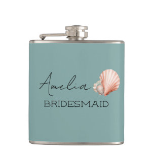 Sea Green with Shell Personalised Bridal Hip Flask