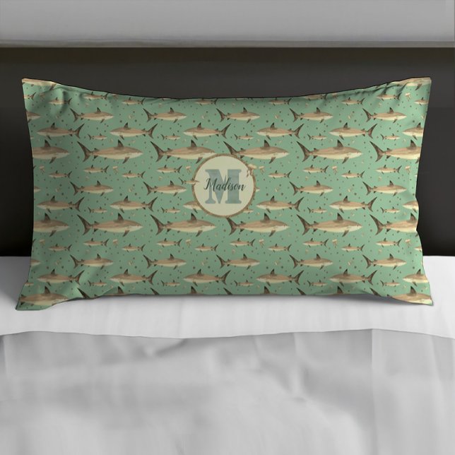 Sea Green & Yellow Name Watercolor Monogram Shark Pillowcase (Creator Uploaded)