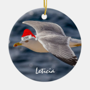 Sea Gull in Santa Hat Christmas Ceramic Ornament