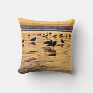 Sea Gulls On Beach At Sunset Cushion