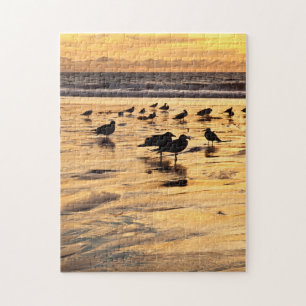 Sea Gulls On Beach At Sunset Jigsaw Puzzle