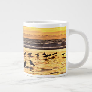 Sea Gulls On Beach At Sunset Large Coffee Mug