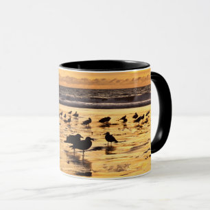 Sea Gulls On Beach At Sunset Mug