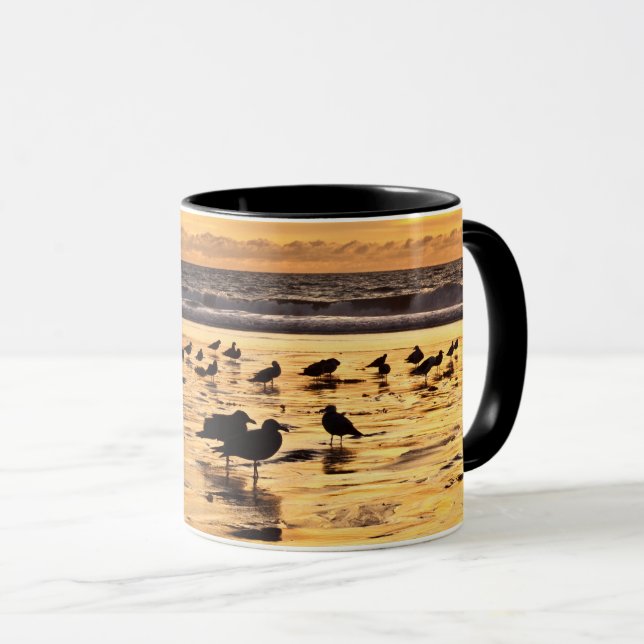 Sea Gulls On Beach At Sunset Mug (Front Right)
