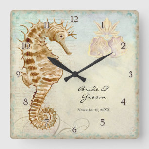 Sea Horse Coastal Beach Personalised Wedding Gift Square Wall Clock