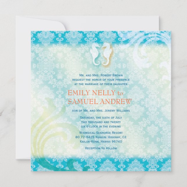 Sea Horse Couple Jewelled Damask Beach Wedding Invitation (Front)
