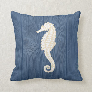 Sea Horse Cream Vintage Blue Wood Pillow