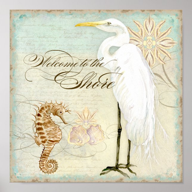 Sea Horse, Great Egret Coastal Beach - Fine Art Poster (Front)