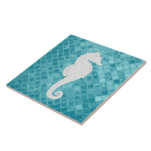 Sea Horse on Aqua Sea Glass Pattern Ceramic Tile