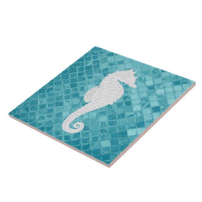 Sea Horse on Aqua Sea Glass Pattern Ceramic Tile (Side)