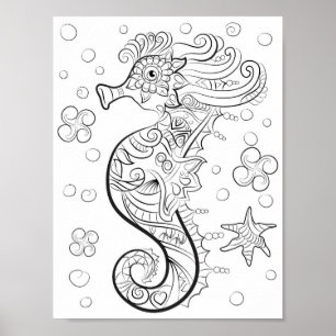 Sea Horse Under the Sea Adult Colouring Poster