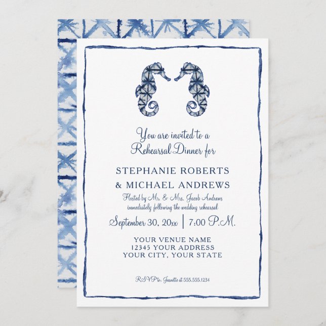 Sea Horses Beach Navy Shibori Rehearsal Dinner Invitation (Front/Back)