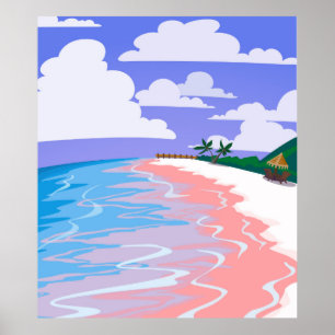 Sea landscape of tropical beach with pink sand, b poster