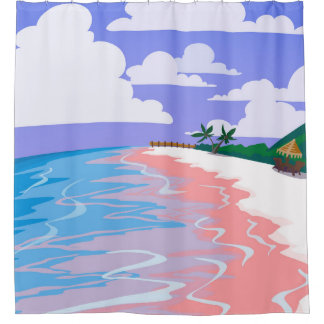 Sea landscape of tropical beach with pink sand, b shower curtain