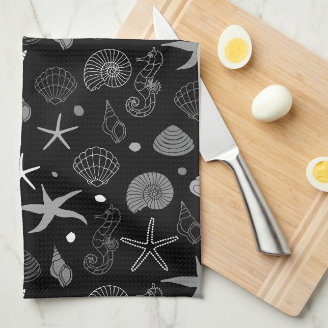 Sea Life Black Pattern Tea Towel (Quarter Fold)